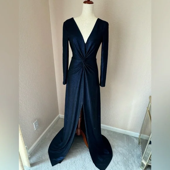 Dress the Population | Dresses | New Dress The Population Navy Shimmer  Evening Gown Long Sleeves Twist Front Xs | Poshmark